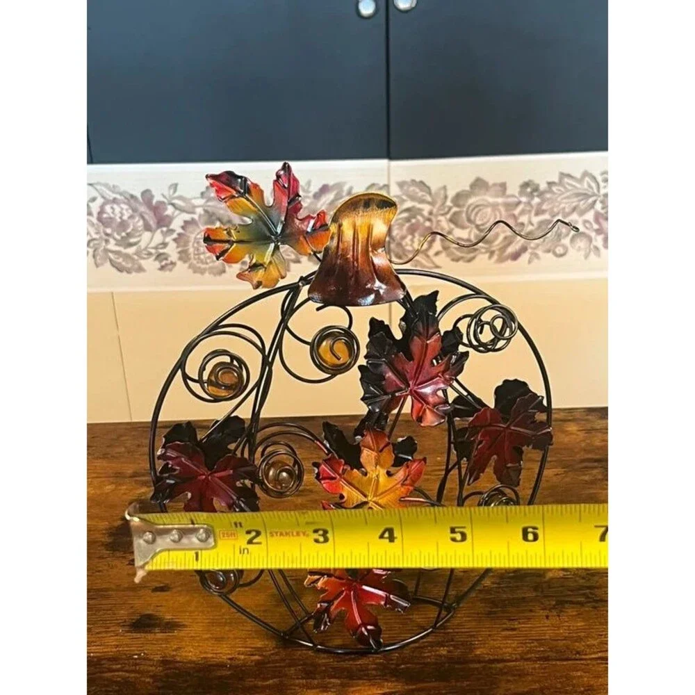Metal Pumpkin Fall Decor Enameled Maple Leaves Amber Glass Accents